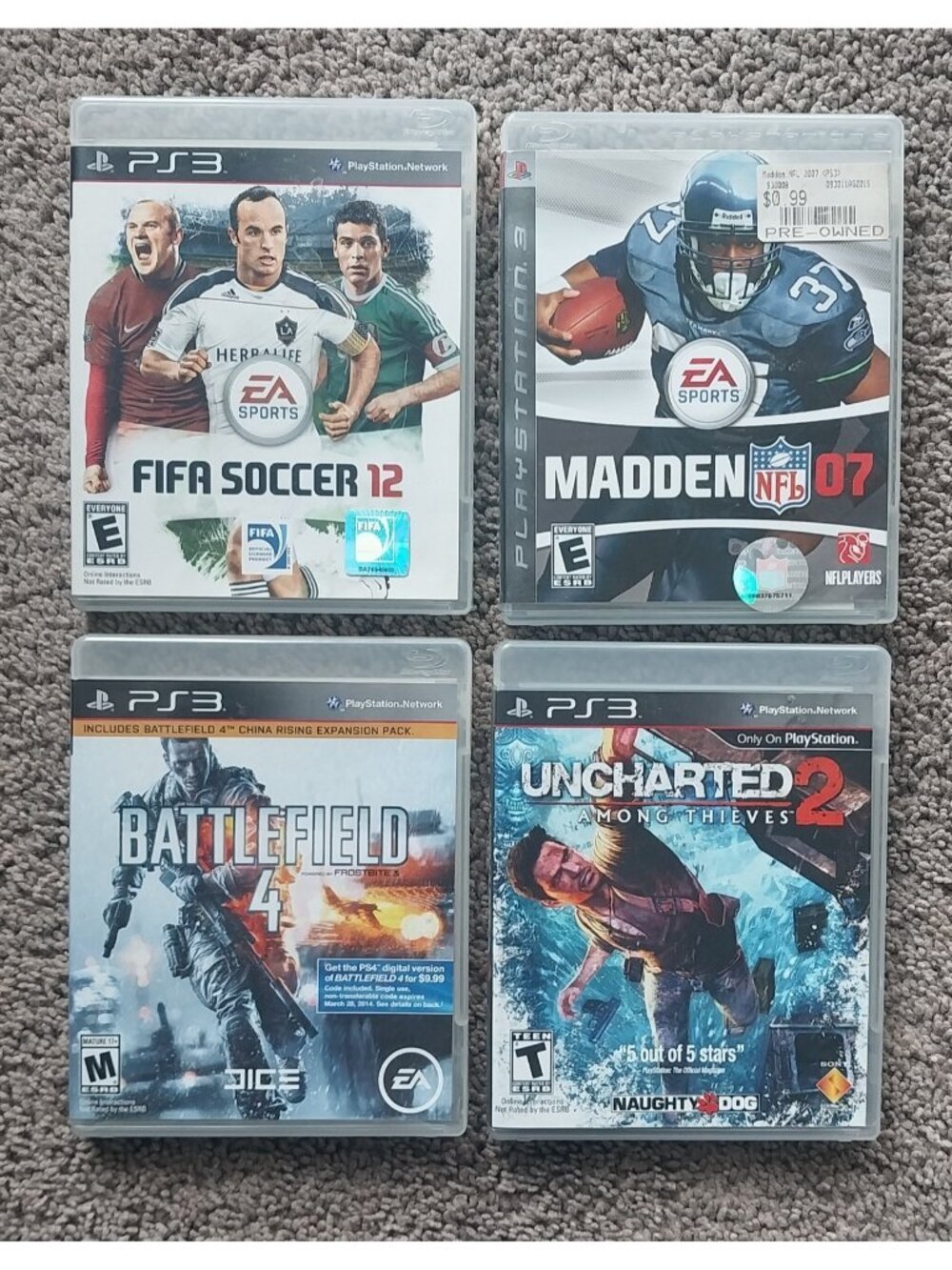 Playstation 3 Game Lot Madden 07 Battlefield 4 FIFA 12 Uncharted 2